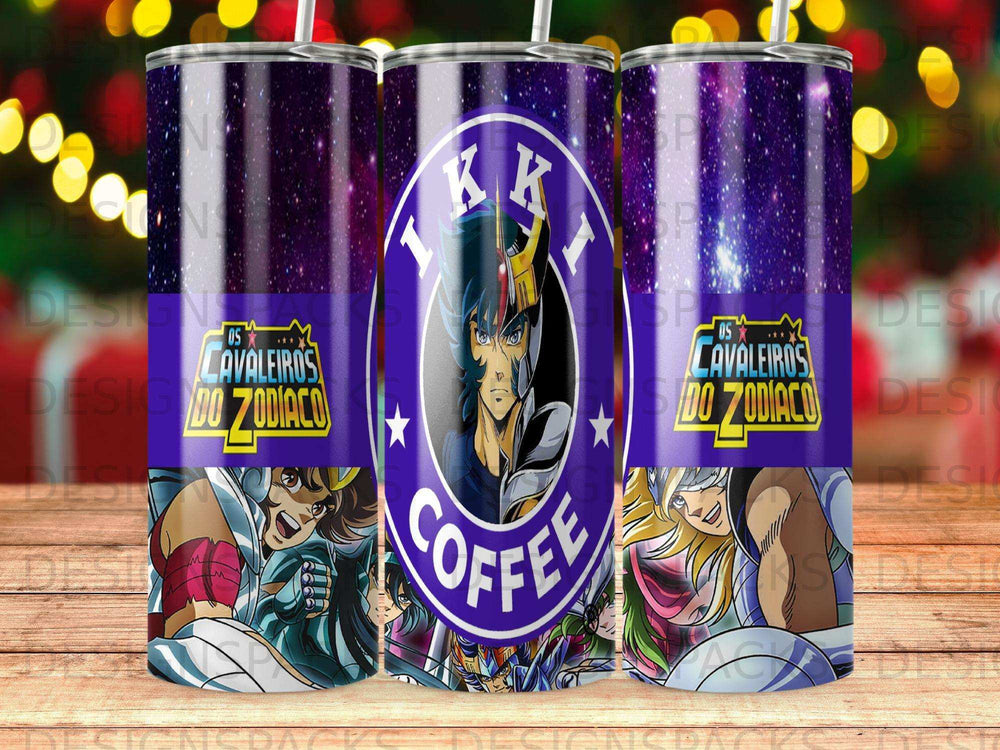 Knight of the Zodiac thermos with coffee logo and colorful character illustrations.