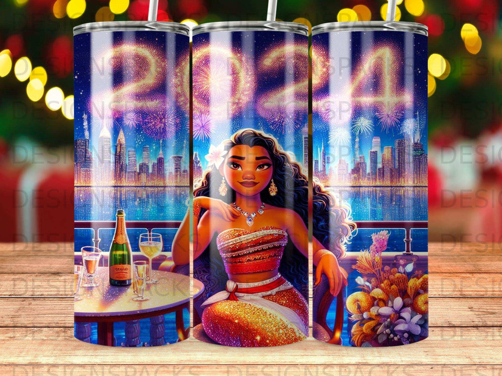 Moana sits at a table with fireworks over a city skyline.