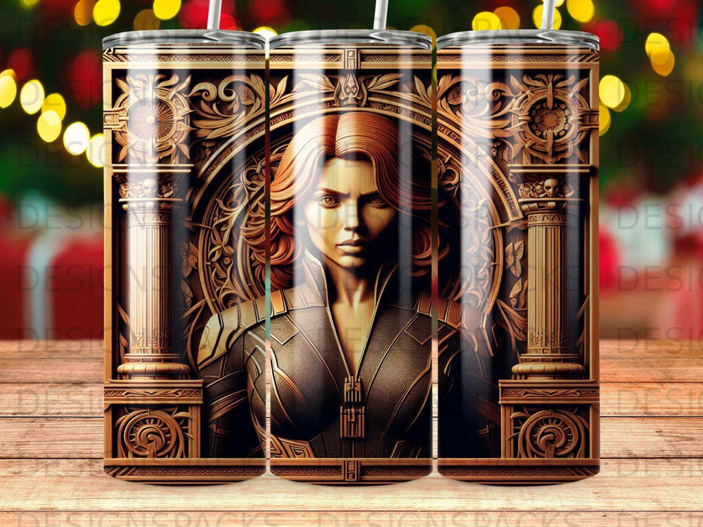 Black Widow bust with ornate gold border on a cylindrical tumbler design.