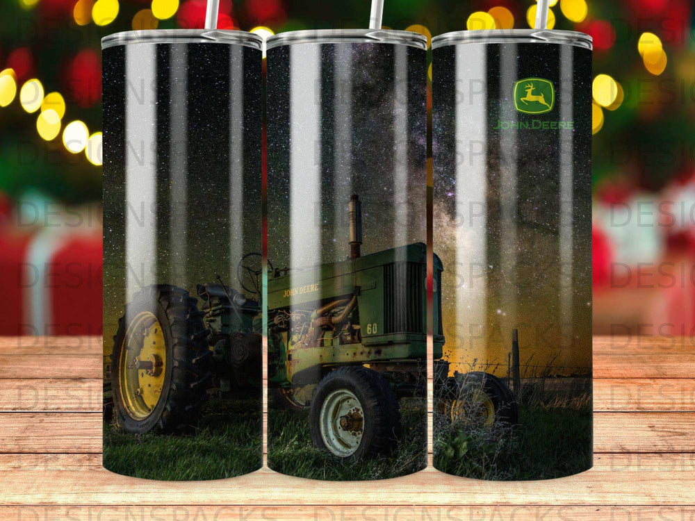 John Deere tractor under starry sky with "JOHN DEERE" logo and "60" number.