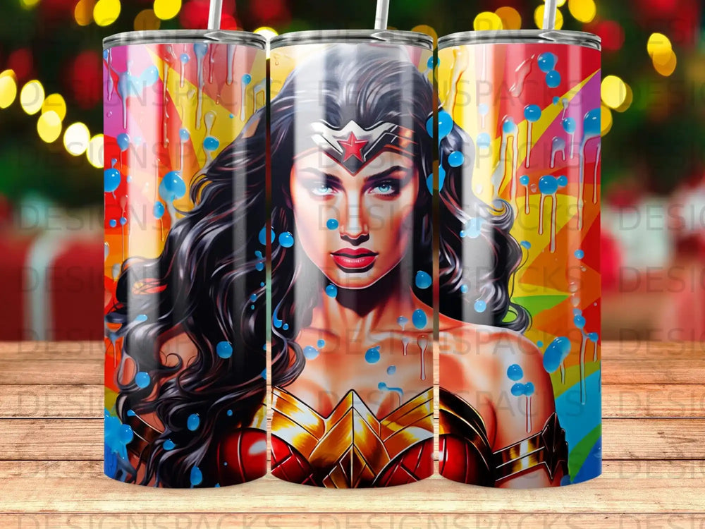 Wonder Woman portrait with colorful paint splatters.