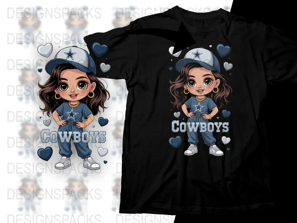 Cute Cartoon Girl Cowboys Fan T-Shirt, Stylish Sports Team Apparel, Kids Fashion Casual Wear