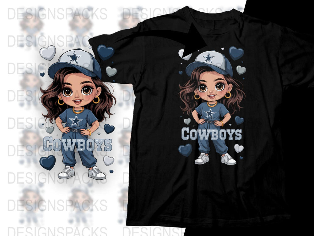 Cute Cartoon Girl Cowboys Fan T-Shirt, Stylish Sports Team Apparel, Kids Fashion Casual Wear