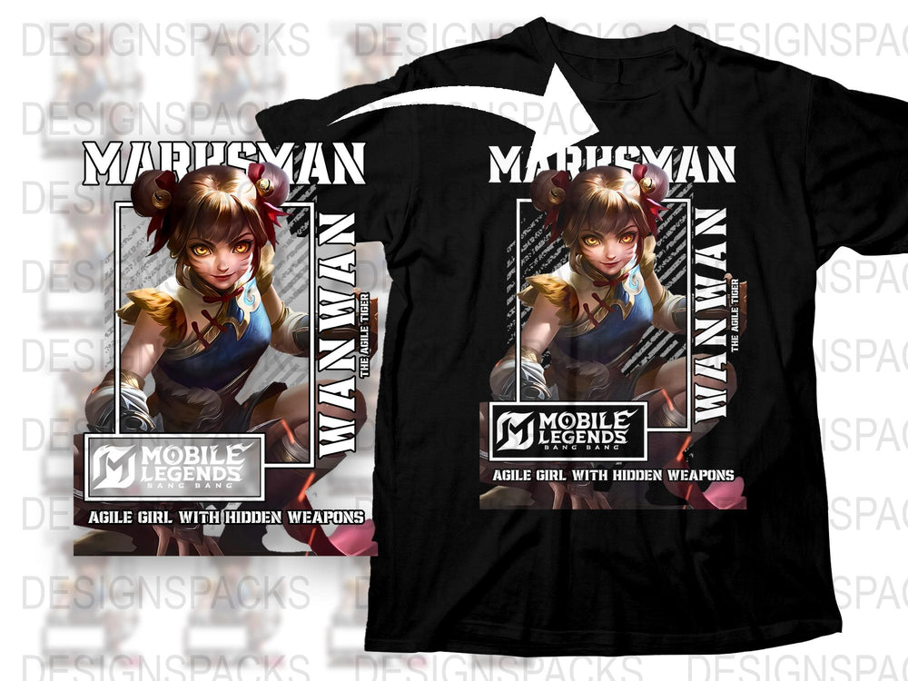 Mobile Legends Agile Girl T-Shirt, Marquesian Warrior Character, Gaming Apparel, Hidden Weapons Design, Black Tee