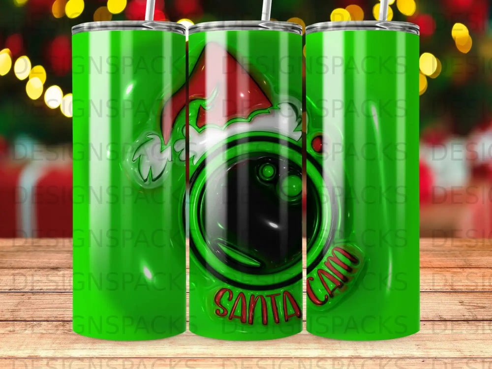 Green Santa hat and gift themed tumbler with "Santa Packs" text.
