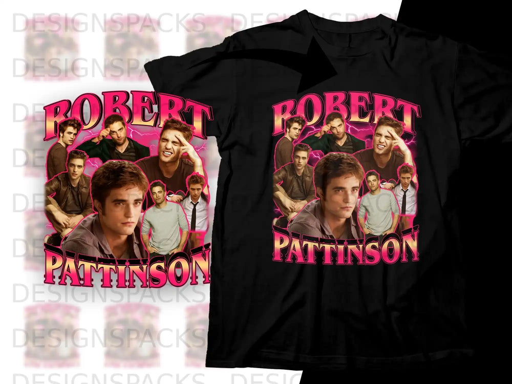 Collage of Robert Pattinson photos on a black t-shirt.