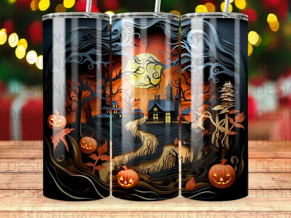 Halloween scene with haunted house, pumpkins, and trees under a full moon.
