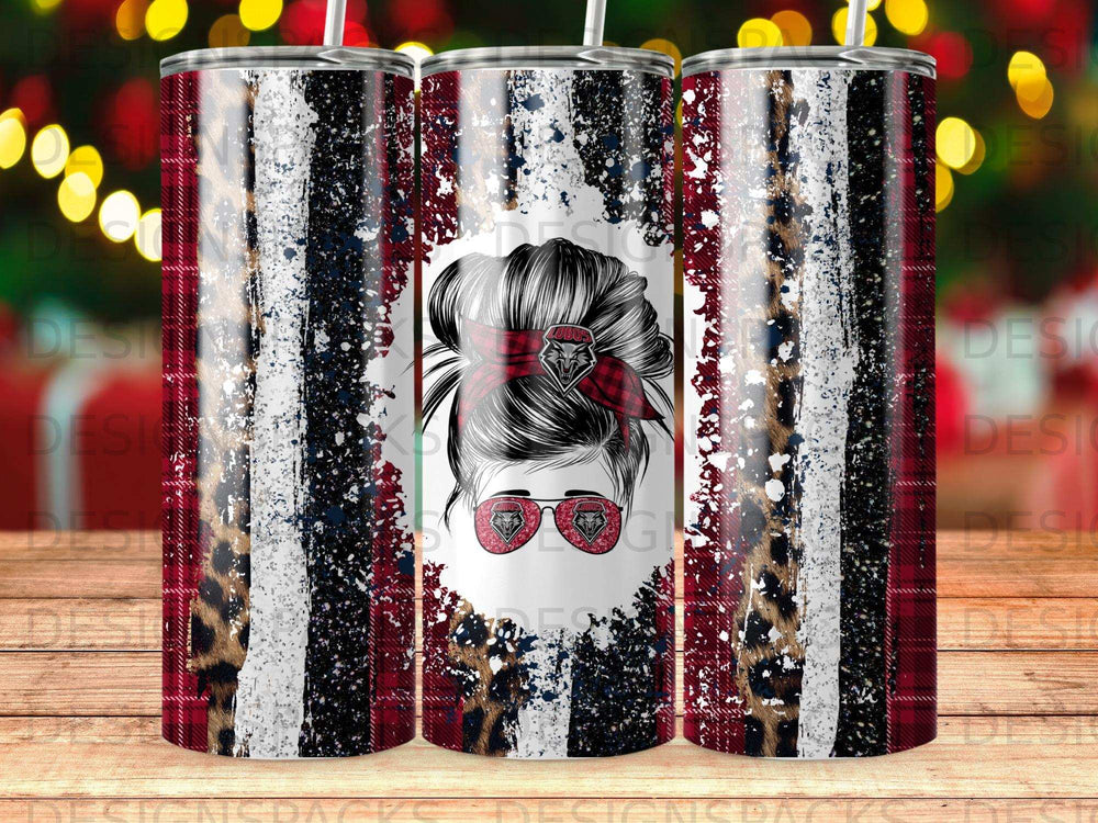 Glitter tumbler with leopard print, plaid, and messy bun graphic.