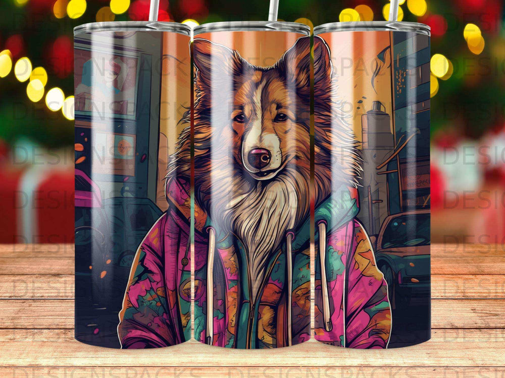 Shetland sheepdog wearing a colorful hoodie in a city street.
