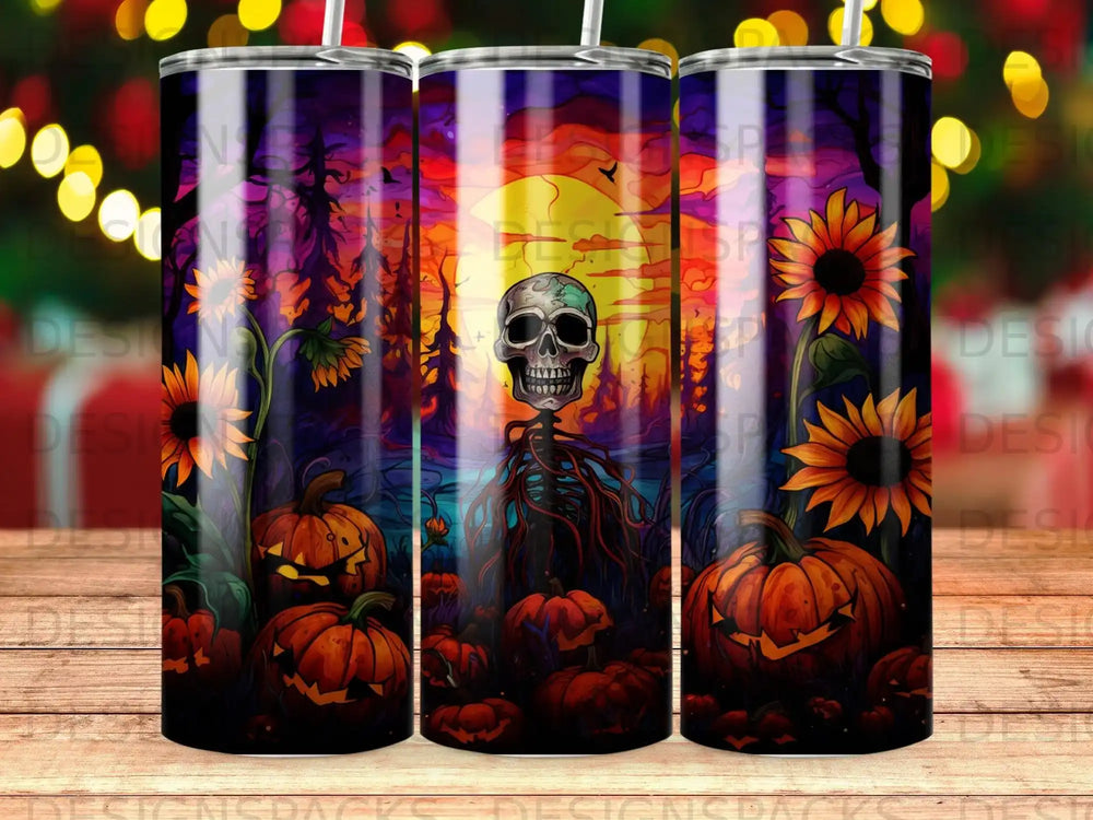 Halloween scene with skull, pumpkins, and sunflowers under a full moon.