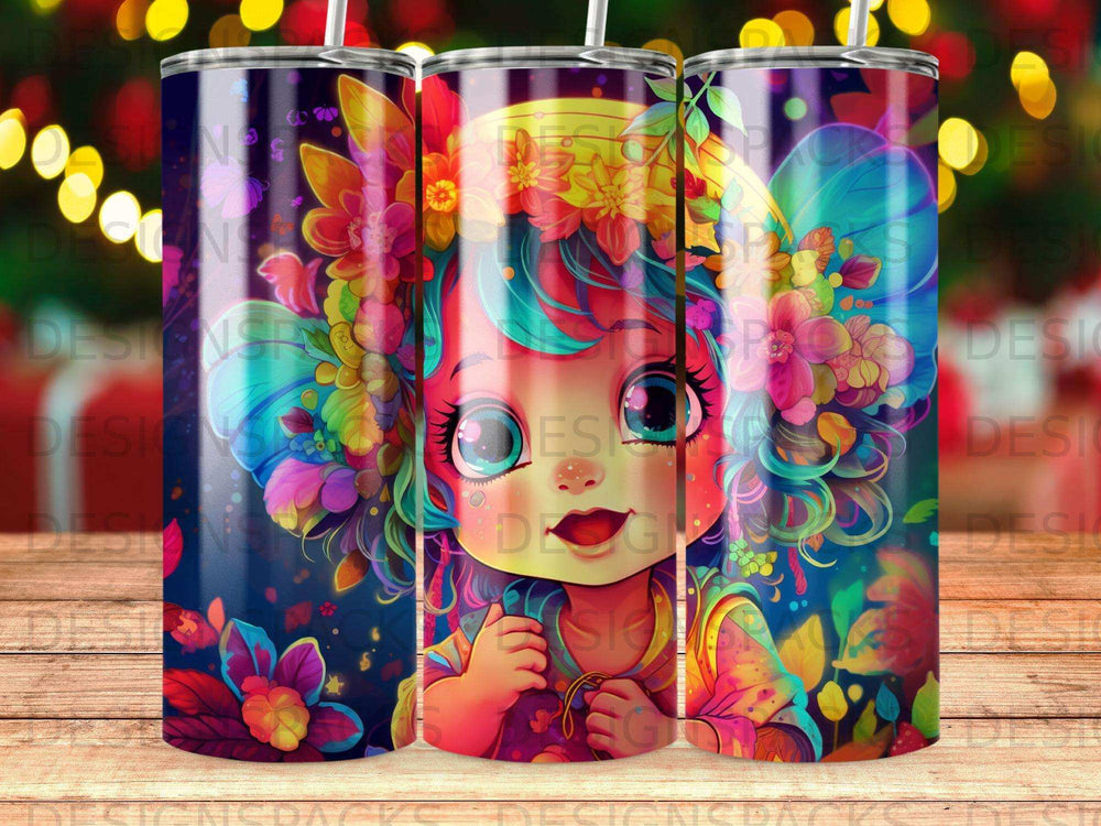 Cartoon child with colorful floral headdress and bright, playful expression.