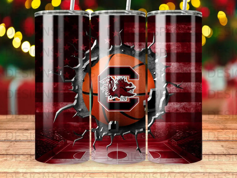 Basketball with South Carolina Gamecocks logo on cracked American flag background.