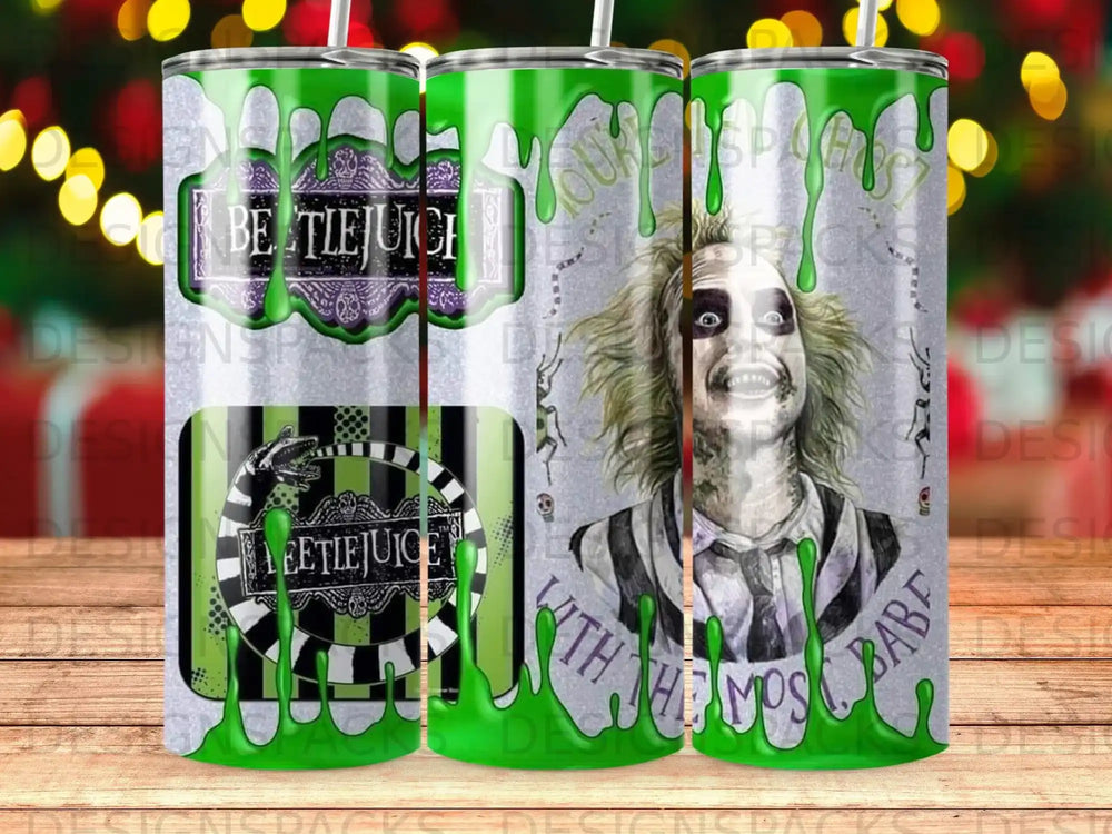 Beetlejuice tumbler with character portrait and "Beetlejuice" text.