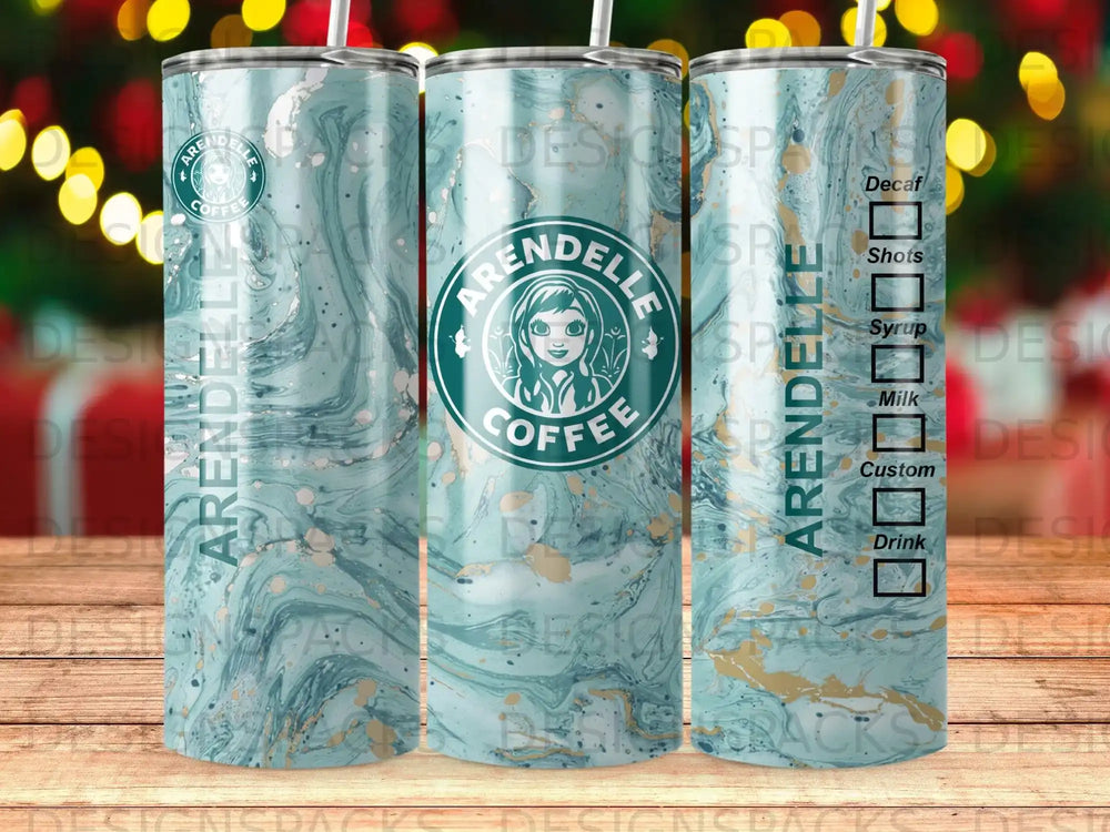 Arendella Coffee tumbler with marbled blue, green, and gold design.