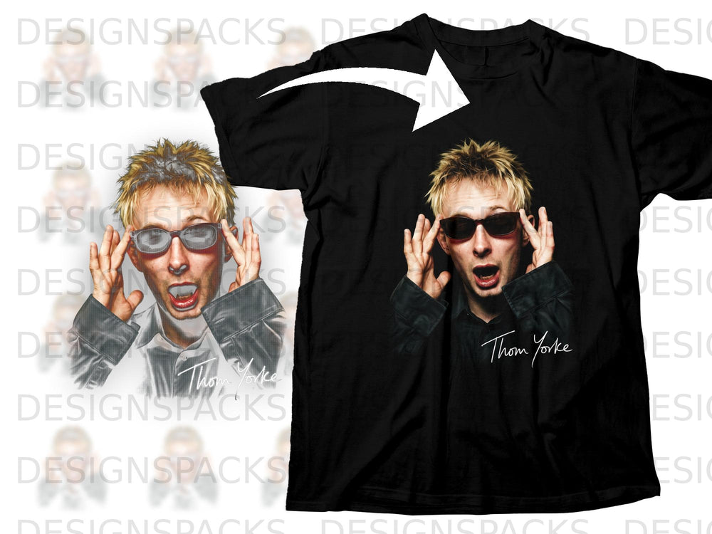 Black t-shirt with Thom Yorke graphic and signature.