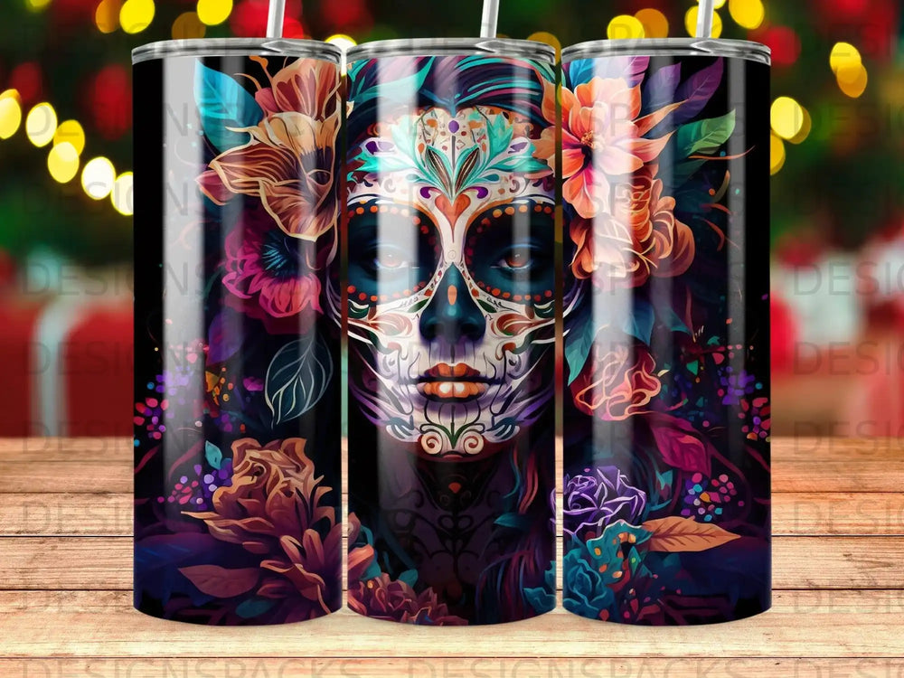 Sugar skull tumbler with vibrant floral and mandala designs.