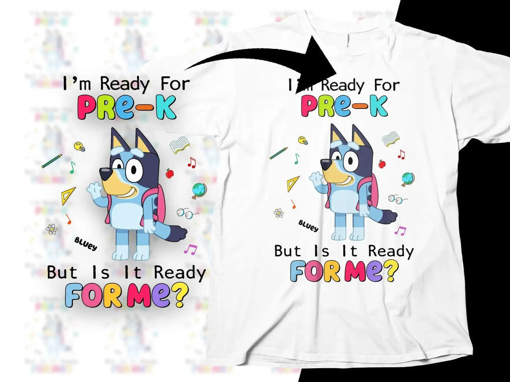 Bluey Pre-K t-shirt design with colorful text and school-themed icons for kids