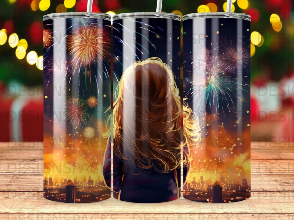 Woman watching colorful fireworks display at night.