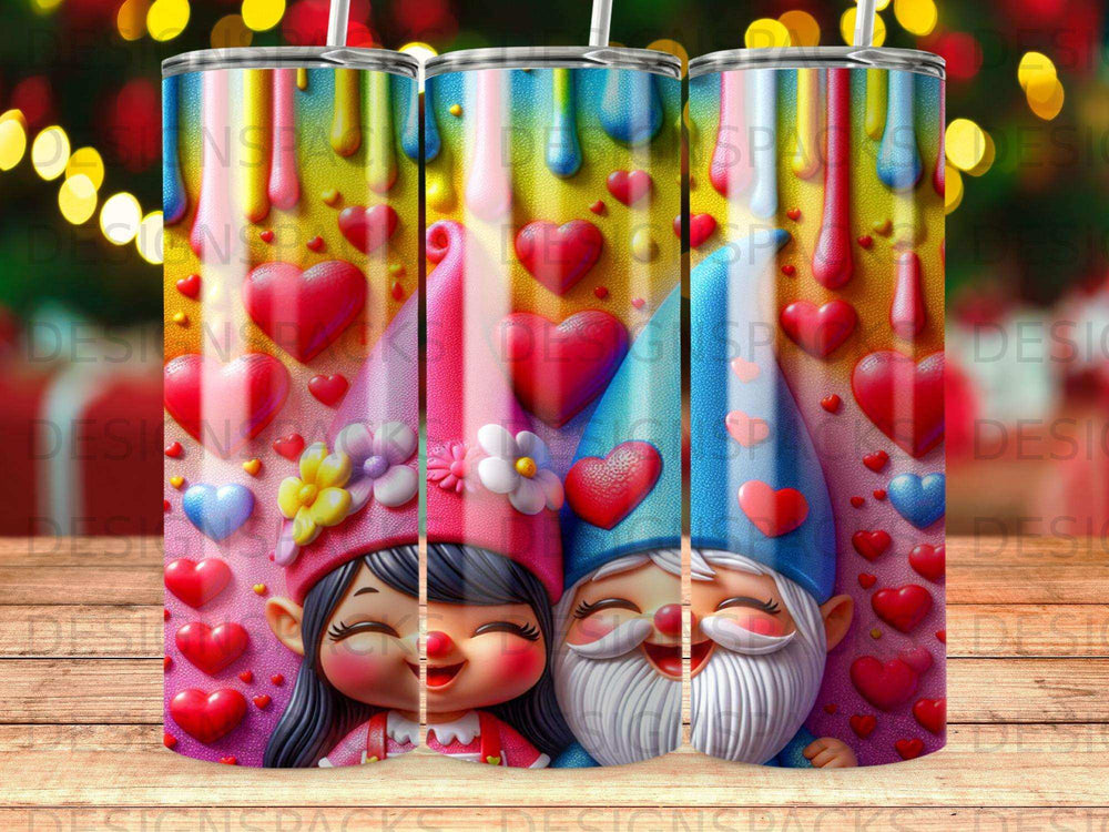 Two smiling gnomes with hearts and glitter, one with pink hair, one with a blue hat.