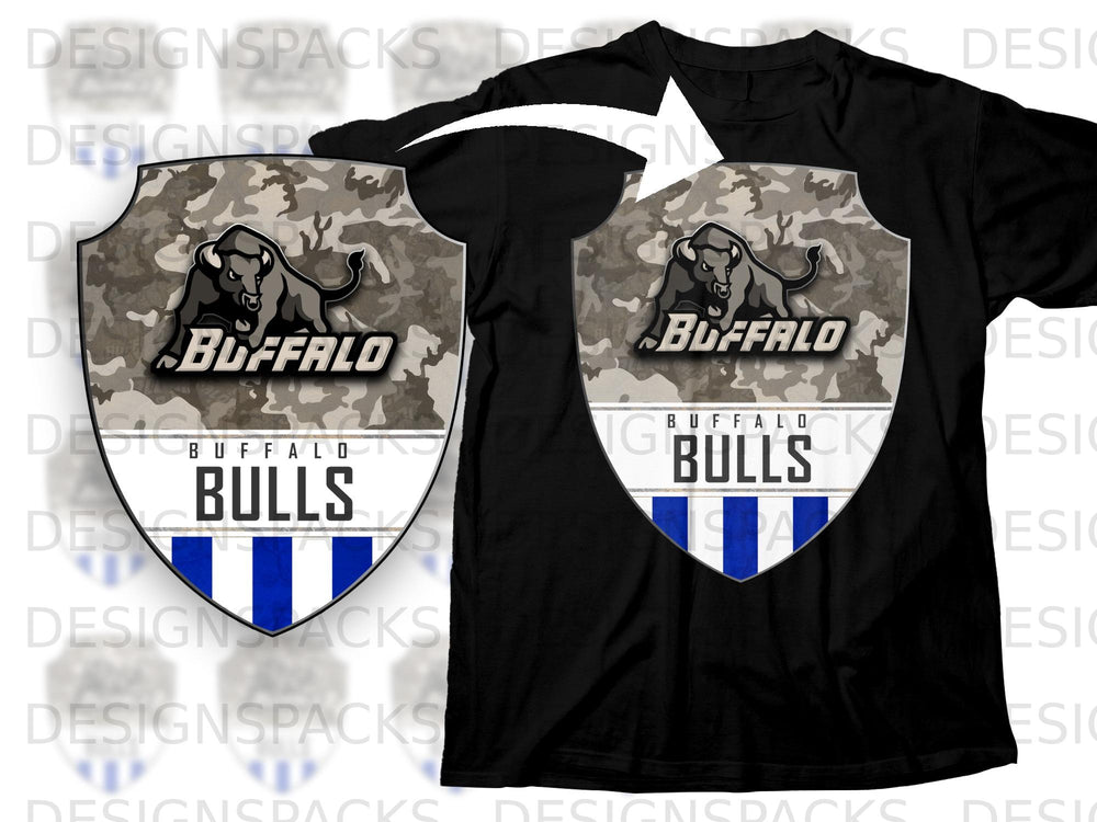 Shield emblem with buffalo illustration and text "Buffalo Bulls" on black shirt.