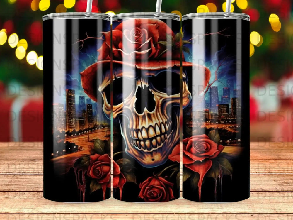 Skull in a hat with roses and city lights.
