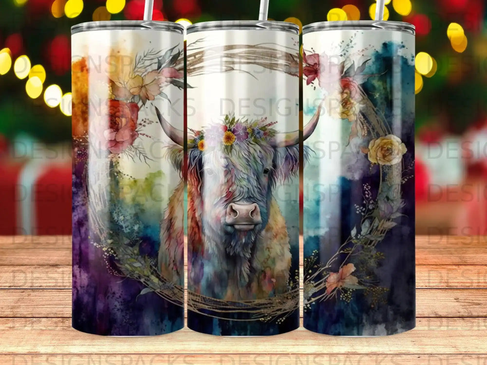 Watercolor Highland cow with floral wreath on tumbler wrap.