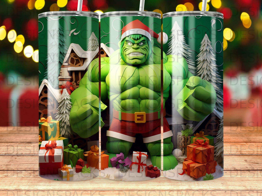 Hulk in Santa hat with Christmas gifts and snow-covered houses.
