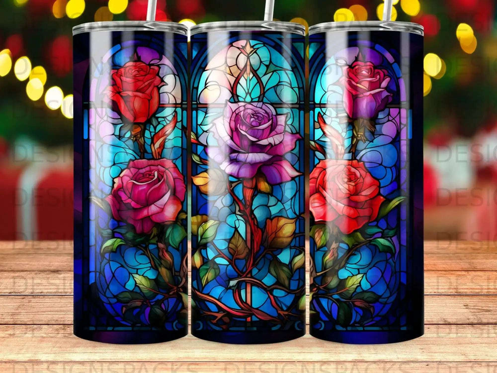 Stained glass tumbler with roses and vines, featuring a blue background.