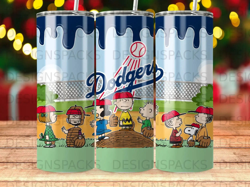 Dodgers logo with Peanuts characters playing baseball on a green field.