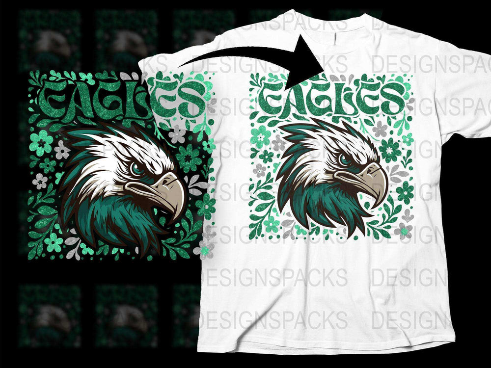 Eagle Graphic T-Shirt, White Tee with Green Floral Pattern, Wildlife Animal Print Shirt