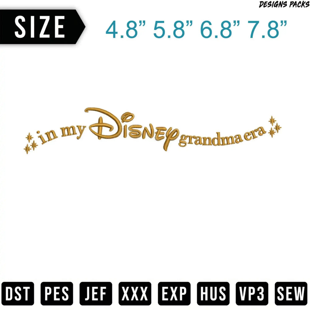 Embroidery design reads "in my grandma era" with stars, sizes shown.
