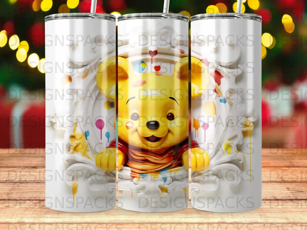 Winnie the Pooh in a sculpted frame with paint splatters.