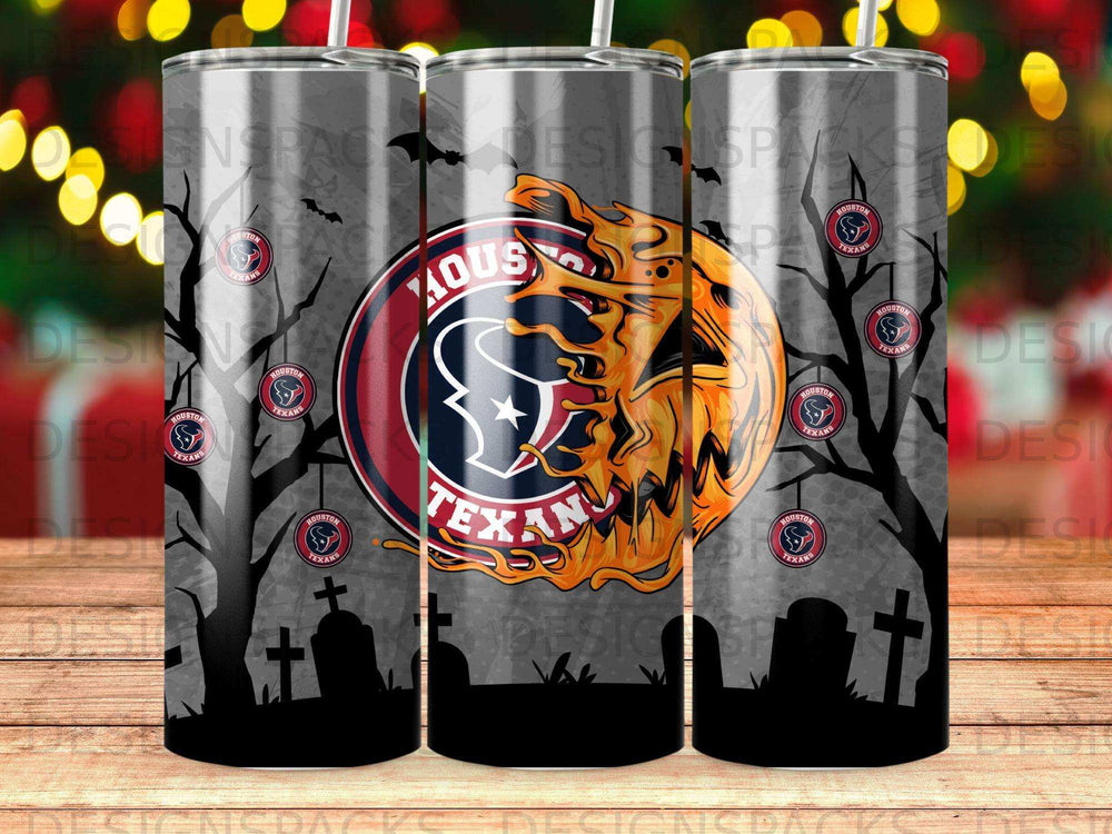 Houston Texans tumbler with spooky graveyard and spooky Texans logo.