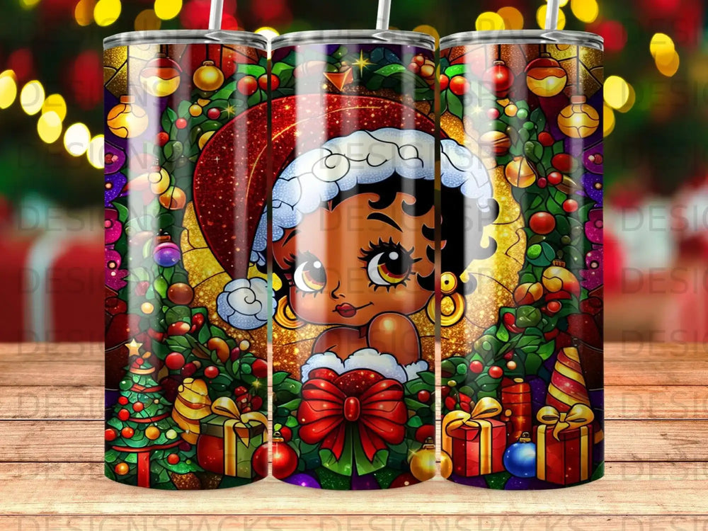Christmas tumbler with Betty Boop in Santa hat surrounded by festive decorations.