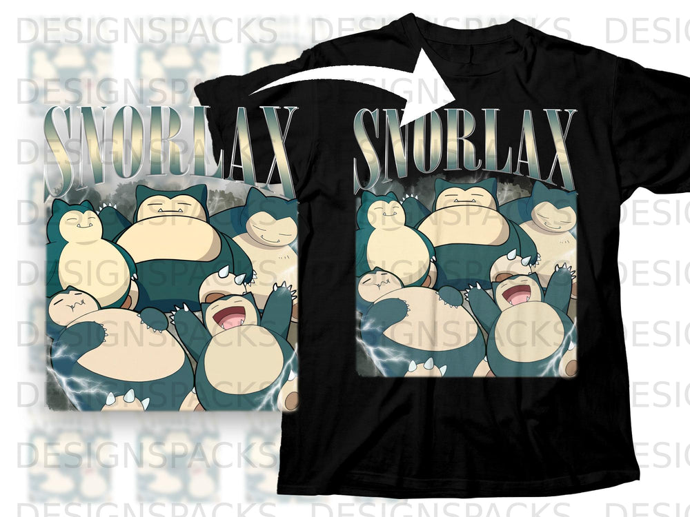 Black t-shirt with "SNORLAX" text and multiple Snorlax characters.