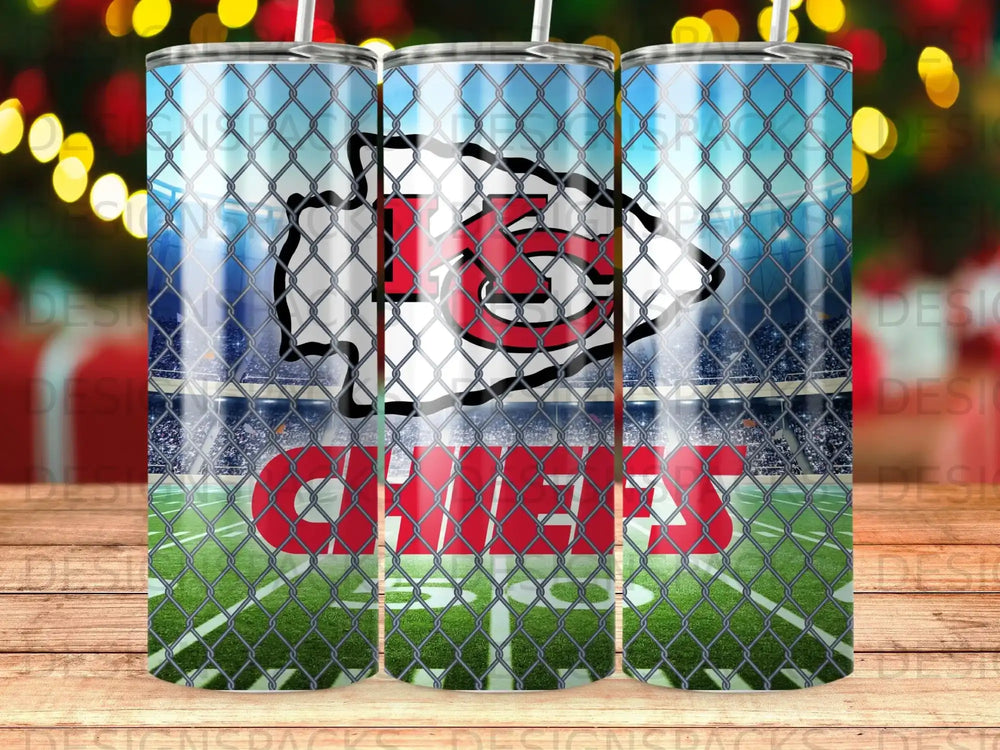 Kansas City Chiefs logo on a tumbler with a stadium background and fence.