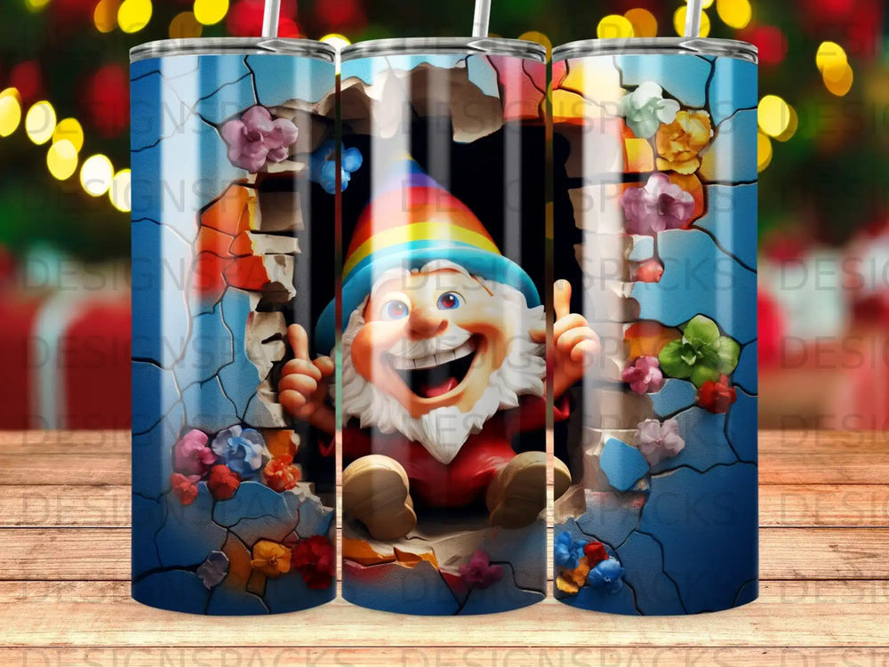 Happy gnome with rainbow hat peeking through cracked wall with flowers.