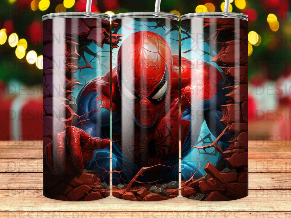 Spider-Man bursting through a brick wall, blue and red suit.