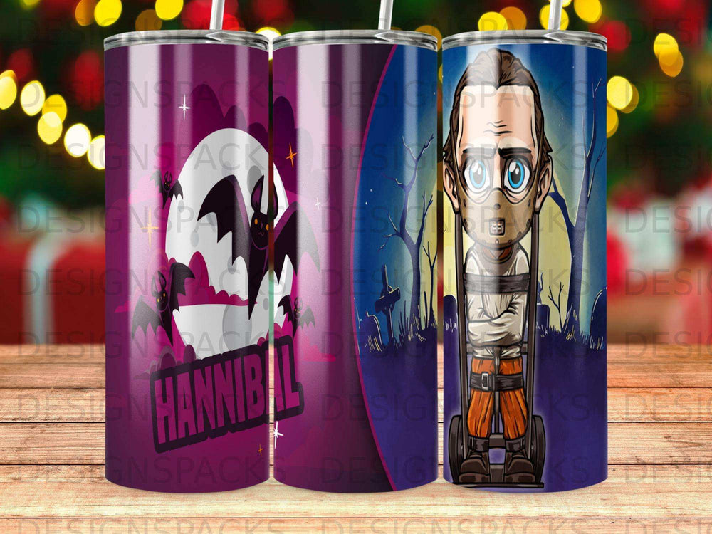 Hannibal Lecter in a straightjacket on a tumbler with bats and a graveyard.