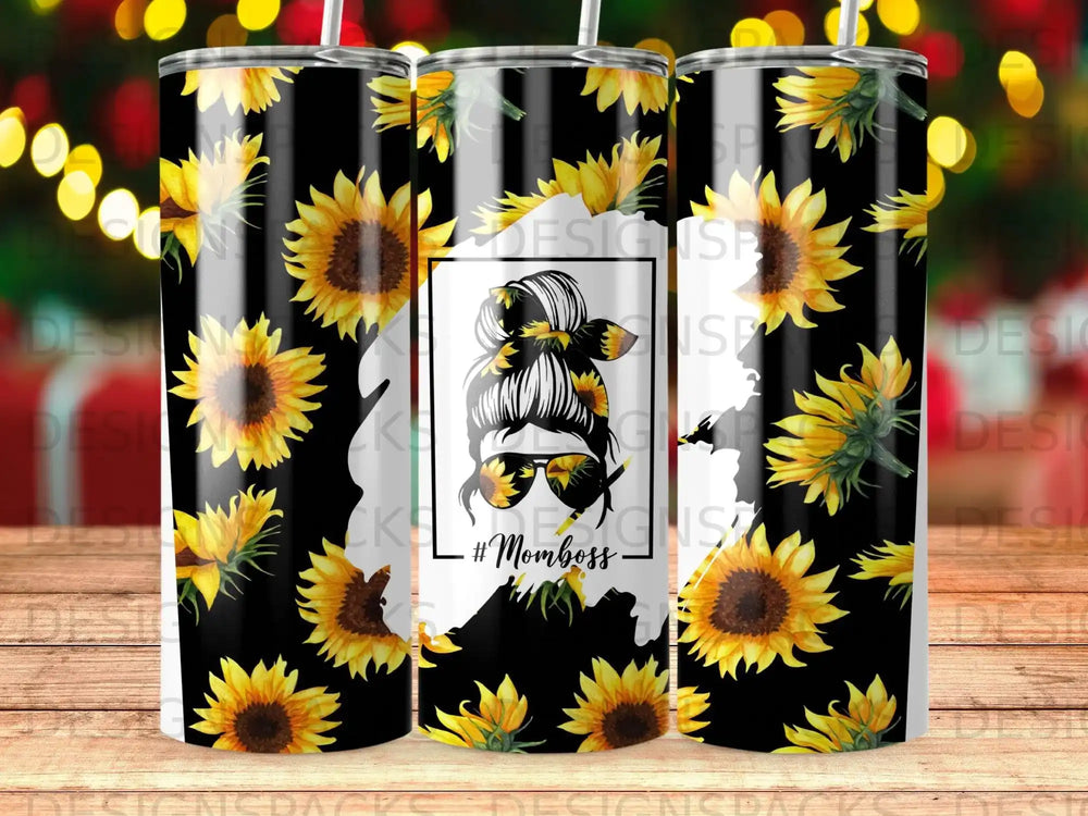 Sunflower pattern tumbler with #Momboss text and silhouette of woman in sunglasses.
