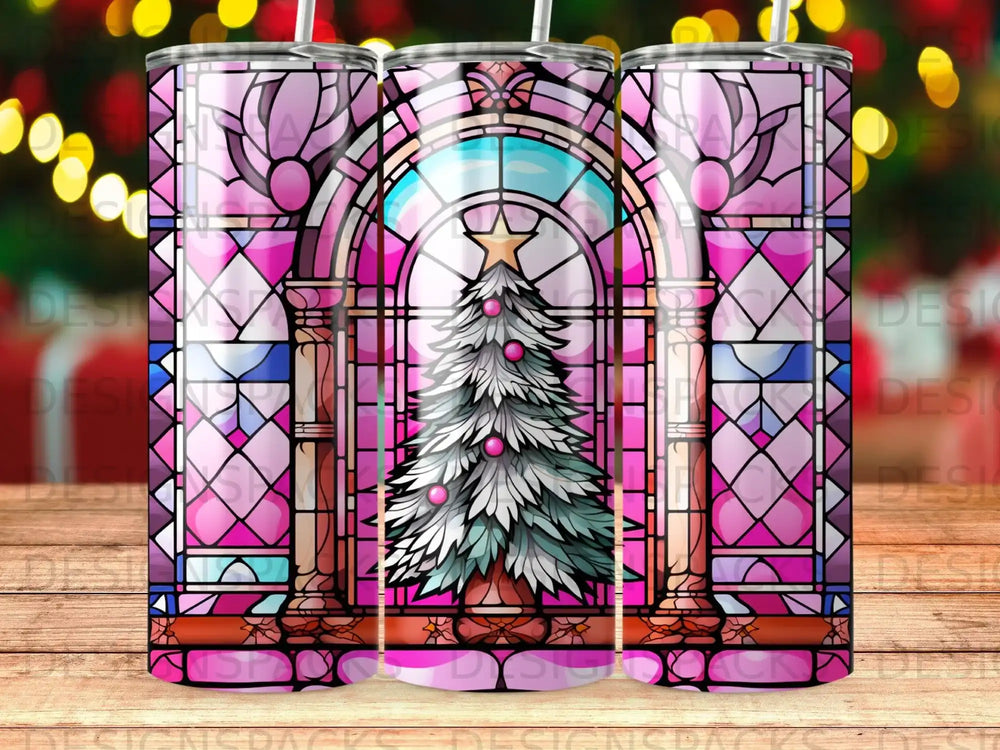 Christmas tree with stained glass window design on a tumbler.