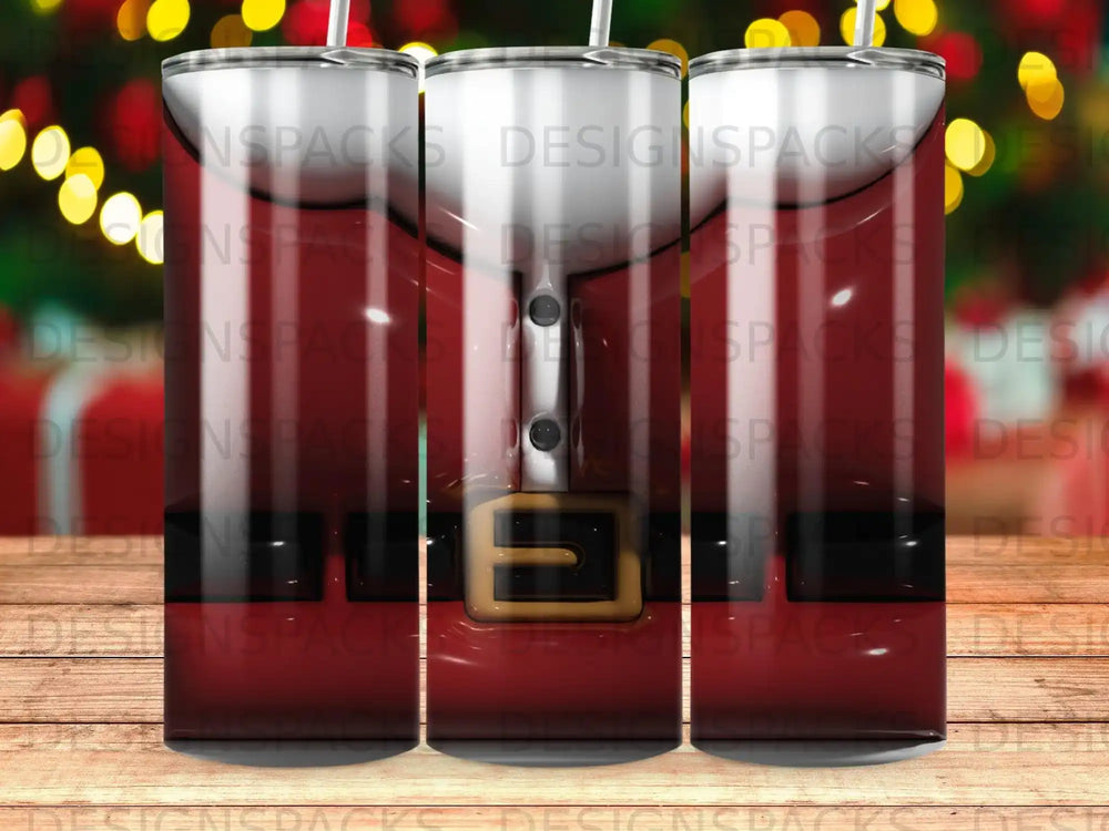 Santa suit design on three tall tumblers with festive bokeh background.