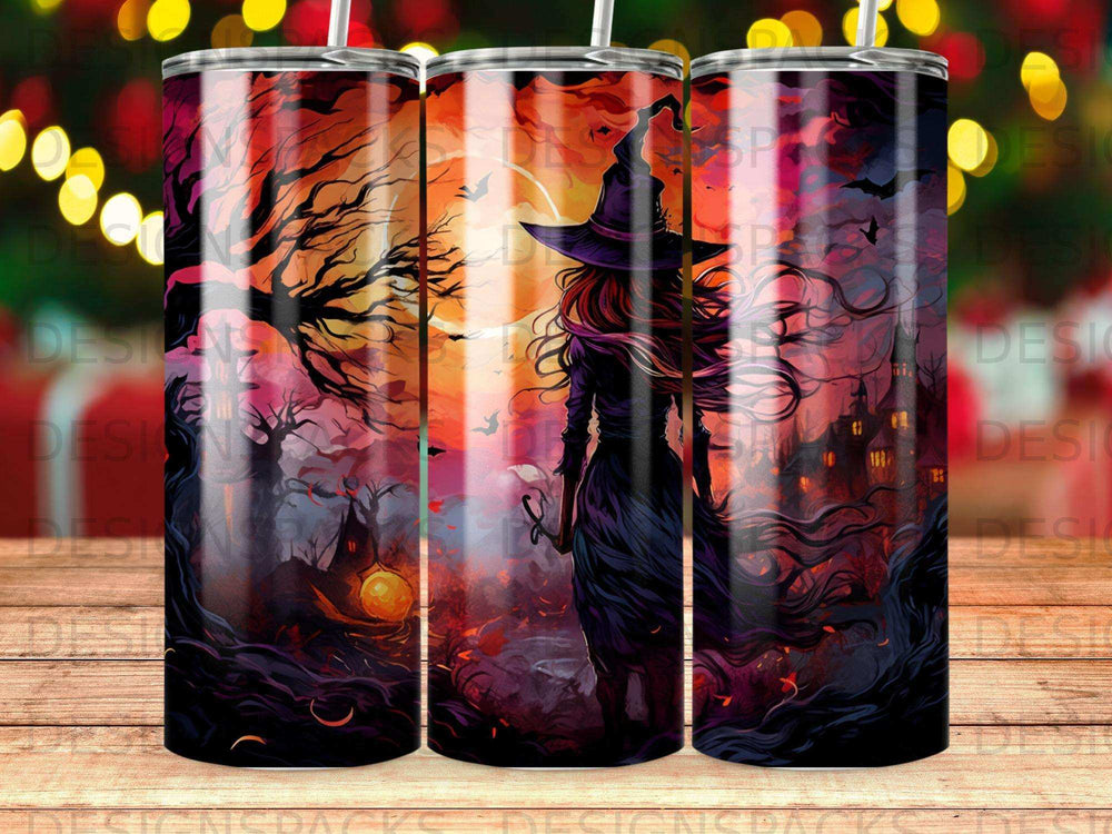 Witch in a forest at sunset with spooky Halloween decorations.