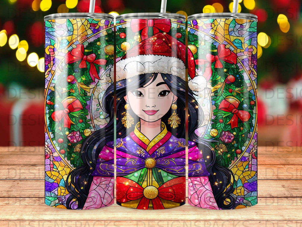 Stained glass-style illustration of a woman in a Santa hat and colorful festive attire.