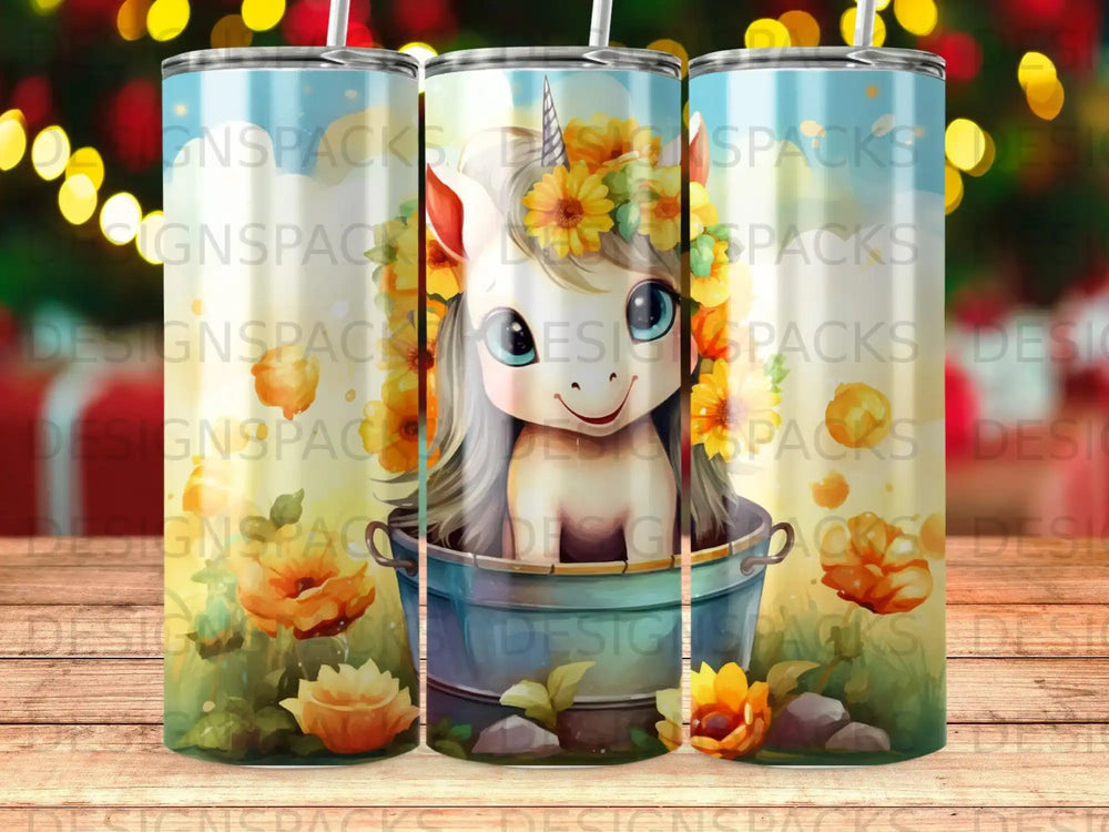 Unicorn in bucket with flowers, colorful background with text overlay.