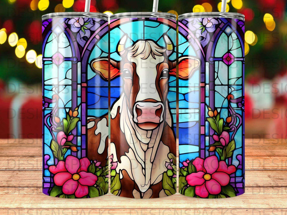 Cow in stained glass pattern on tumbler with pink flowers.