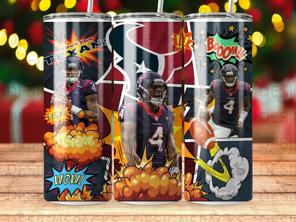 Houston Texans player J.J. Watt in comic book style with "Bang!" and "Wow!" speech bubbles.