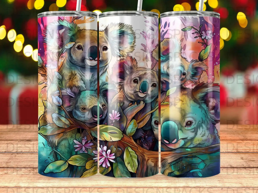 Three tumblers with koalas in a vibrant floral and foliage design.