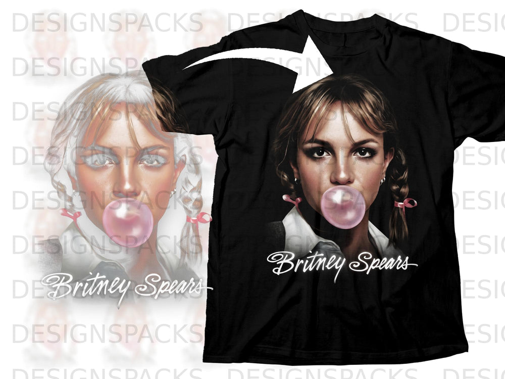 Black t-shirt featuring Britney Spears blowing a pink bubblegum bubble.