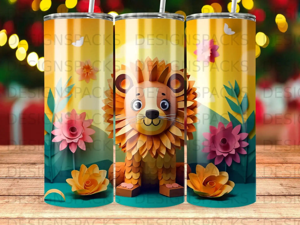Lion with floral accents on a patterned tumbler.